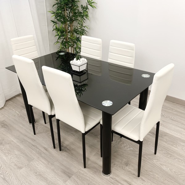 Pack de Mesa comedor + 6 Sillas Tapizadas en Polipiel| Salón